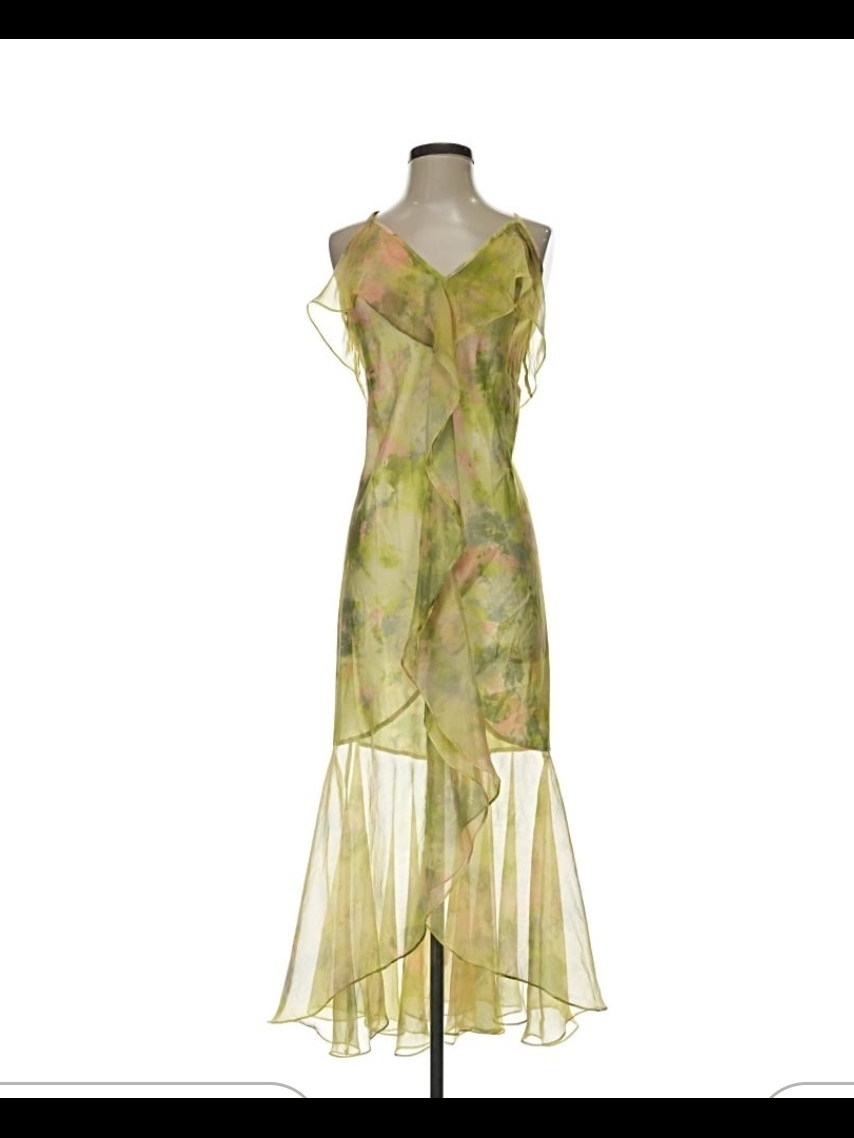 Sheer Green Floral Ruffled Evening Dress